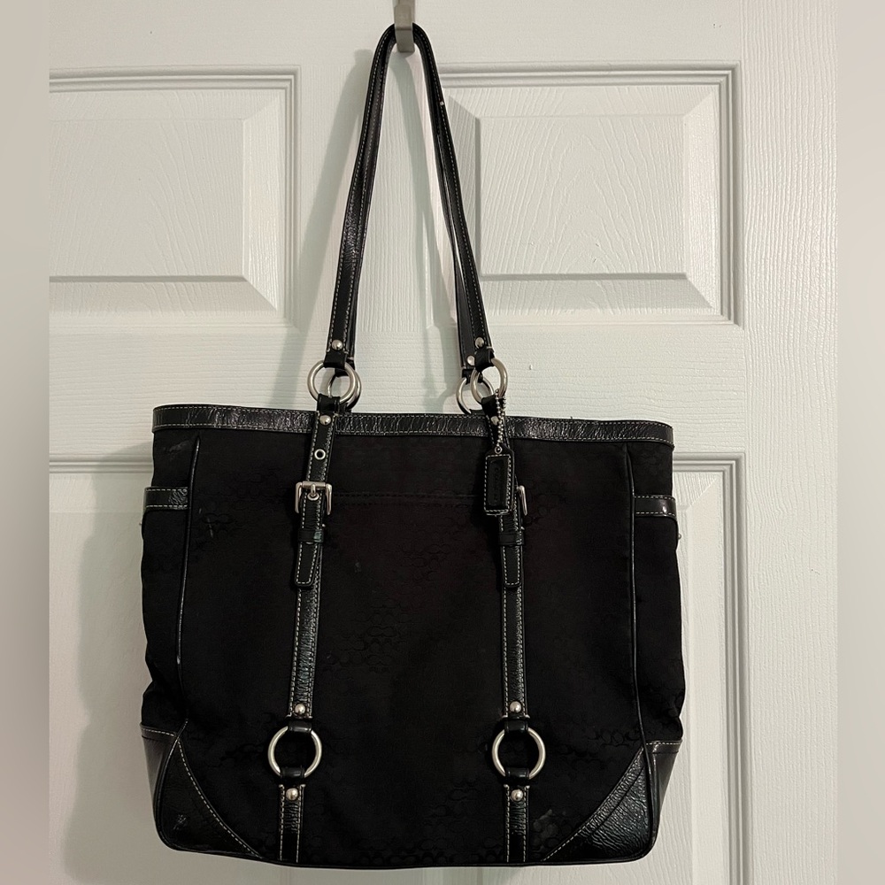 Vintage Leather Coach Laptop Bag, Black, Buckle Straps, Shoulder Tote